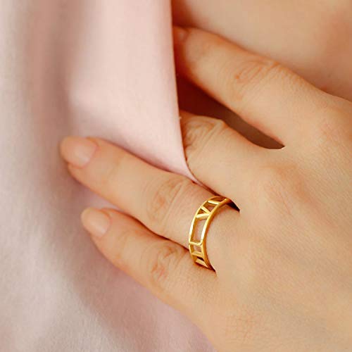 PEIMKO Personalized Cutout Roman Numeral Band Ring, Wedding Date Ring, Custom Made With Any Date/Name Size 4-153