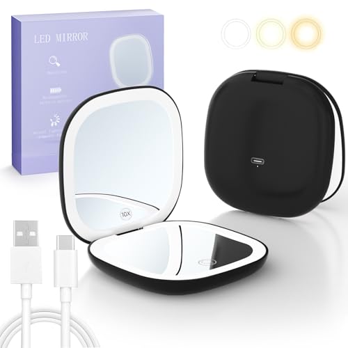 Opiniones de Espejos de aumento de esta semana. 46 JDFNVFK Espejo de Bolsillo con Luz LED, con Aumento 1X/10X, Anillo de Luz de Doble Cara y 3 Modos, Espejo de Mano Recargable Portatil, Espejo Pequeño con Luz para Maquillaje
