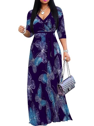 Image of Plus Size Dresses for Women Print Maxi Dresses 3 /4 Sleeve with Belt