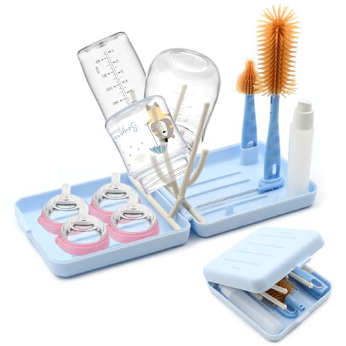 Kit de cepillo portátil para biberones de bebé, cepillo limpiador de biberones de silicona premium, cepillo de pezón, cepillo para pajita, dispensador de jabón, estante de secado de biberones y una