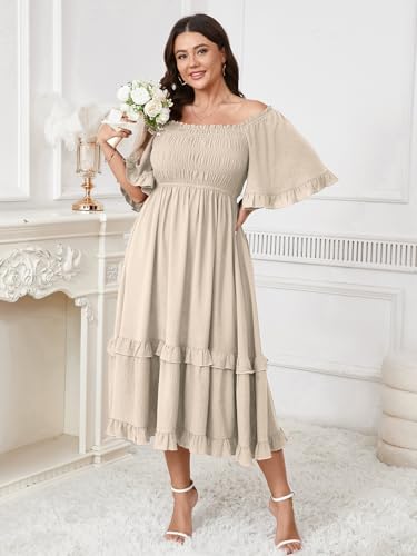 Image of SCOMCHIC Women's Plus Size Maxi Dresses Summer Short Sleeve Square Neck Smocked Wedding Guest Cocktail Boho Long Dress