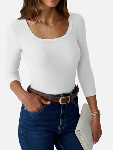 GKBK Womens 3/4 Sleeve Scoop Neck Tops Ribbed Knit Slim Fitted Casual Basic Tee Shirts 2026 Summer Fashion Trendy Work Casual T-Shirt Workout Outfits Thermal Undershirts Layering Clothes White L — view 3