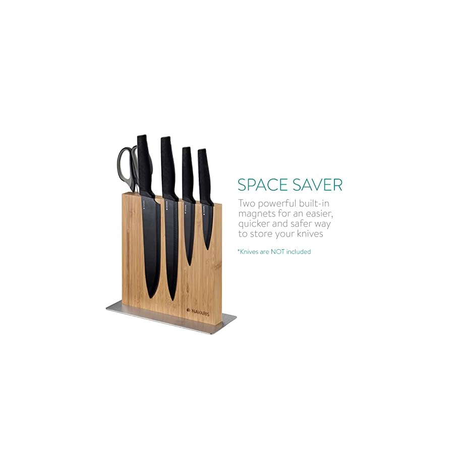 Navaris Magnetic Knife Block - Kitchen Storage with Strong Magnets for Knives & Utensils - Simple Modern Magnet Utensil Holder in Bamboo - 8.9" x 8.7"