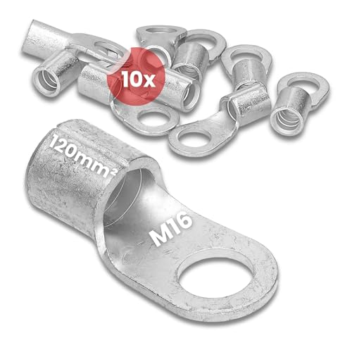 Kalitec Q120-16 - Terminales de cable de compresión (10 unidades, 120 mm², M16, sin aislamiento, para conductores múltiples, finos y finos, terminales de cable de 120 mm²)