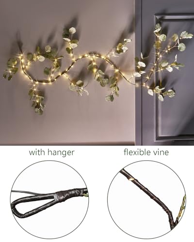 Fudios Lighted Twig Eucalyptus Garland 6FT 96 Warm White LED Battery Operated with Timer for Mantle Fireplace Wedding Party Spring Bedroom Decoration Indoor Outdoor Use - Thumbnail 6