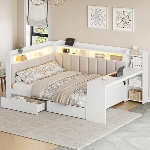 Merax Full Size Multifunctiona Daybed with Storage Drawers and Built-in Shelves & Desk, Corner Bed Frame with Charging Station, LED Light, Upholstered Headboard and Backrest Merax Full Size Multifunctiona Daybed with Storage Drawers and Built-in Shelves & Desk, Corner Bed Frame with Charging Station, LED Light, Upholstered Headboard and Backrest