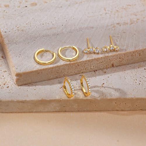 Image of Freekiss 3 Pairs Gold Hoop Earrings Set: Dainty Stud Earrings Trendy Small 14K Gold Plated Hypoallergenic Dangle Cartilage Huggie Hoop Earrings for Women Gold Jewelry for Women Gifts