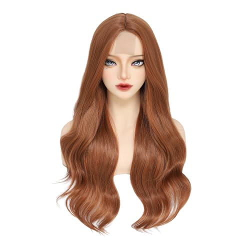 Zabiu Long Copper Wig for Women 26 Inch Natural Wave Wavy Synthetic Wig Middle Part Heat Resistant Natural Looking Auburn Copper Curly Wig for Daily Use Cosplay Halloween