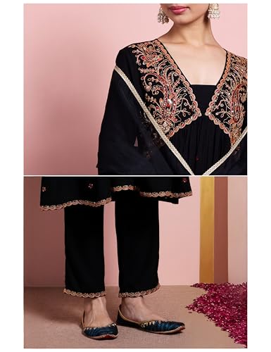 Image of Amazon Brand - Myx Women's Embroidered Anarkali Kurta Pant Set with Organza Dupatta | Salwar Suit (Available in Plus Sizes)