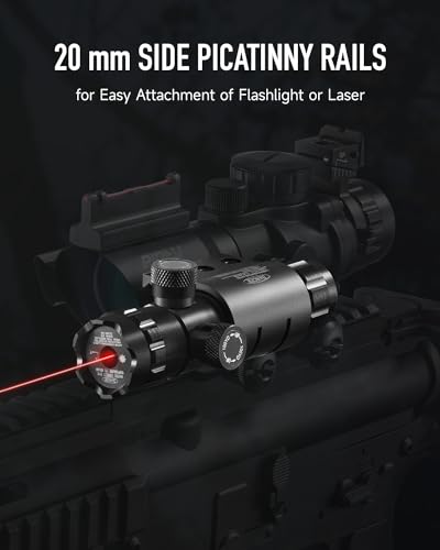 PINTY 4x32 Tactical Rifle Scope with Fiber Optic Sight, Red Green Blue Illuminated Reticle Prism Scope with 3 Brightness Levels, Hunting Gun Scope with Mount for 20 mm Picatinny Rails - Thumbnail 5
