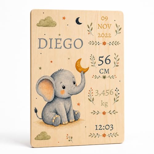 Natalicio personalizado madera elefante con luna y estrellas - cuadro nacimiento bebé pino macizo 18 mm para colgar o sobremesa