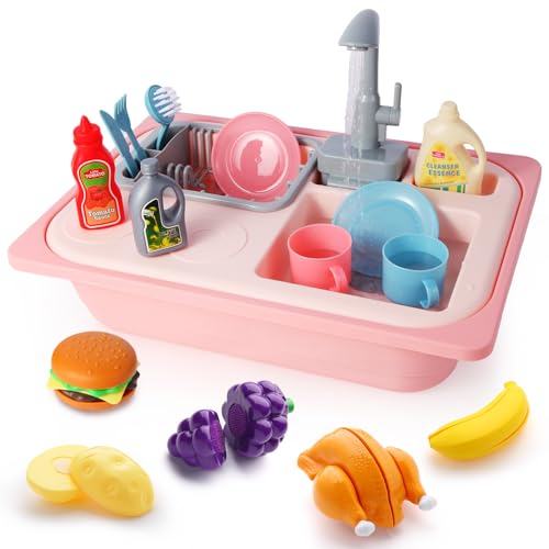 Asweets Set de Juguete de Fregadero de Cocina, Circulación Automática del Agua, Accesorios de Cocina Juguetes, Utensilios de Cocina para Juego de rol para Niñas y Niños 3+, Kitchen Sink Play (Rosa)