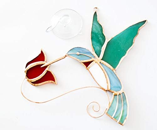 Hummingbird Sun Catcher - Beautiful Crystal & Stained Glass Decor with Red Flowers for Hummer Lovers!