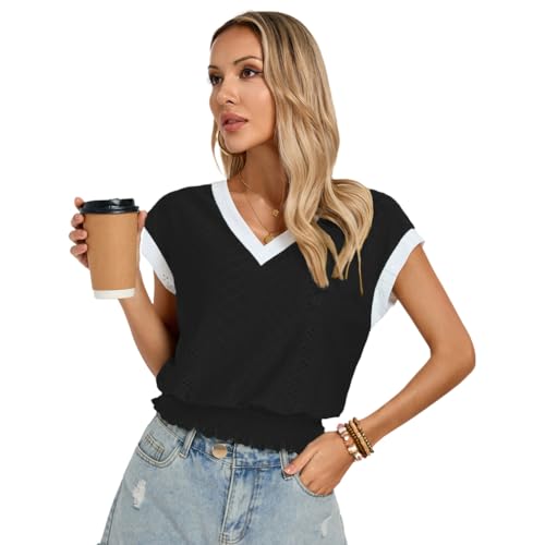 Kate Kasin Blusa de manga corta con cuello en V para mujer, con textura, dobladillo fruncido, cintura elástica, informal, para el verano, Negro, XL