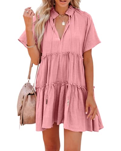 Image of Dellytop Womens Drawstring V Neck Dress Ruffle Tiered Short Sleeve Babydoll Tunic Swing Sundresses