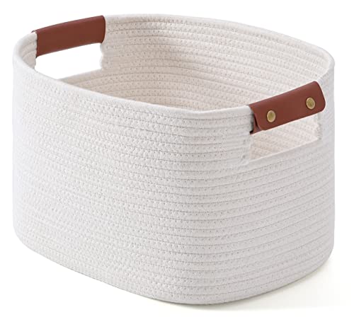 Woven Cotton Rope Storage Basket,Decorative Woven Basket,Decorative Baskets with Detachable Leather Handles for Closet Storage,Woven Baskets For Toy,Blanket