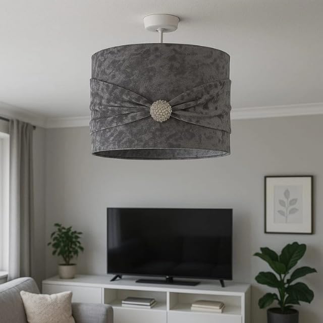 Grey Crush Velvet Fabric Ceiling Lampshade with Pearl Broach (14" (36cm))