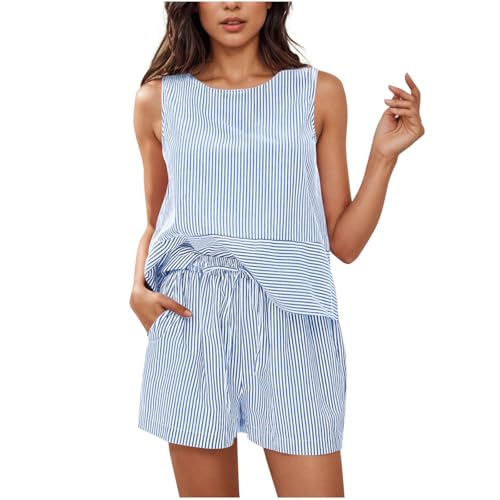 Wyongtao Ensemble Femme En Lin Chic Et Elegant 2 Pièces Sans Manches Col Round Gilet Haut Et Shorts Avec Poches Taille Haute Ensemble Ete Femme À Rayures Décontracté Vetement Sport Tenue