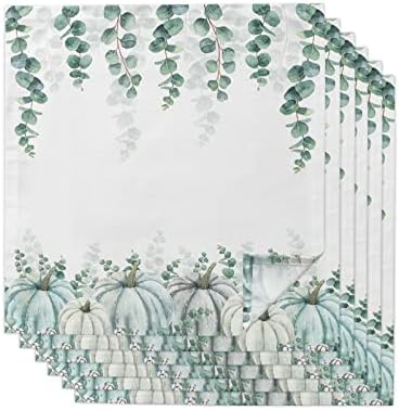 Dadabutydecor Dinner Napkins, Thanksgiving Pumpkin Eucalyptus Leaves Fall Autumn Watercolor Blue Cloth Napkins Washable Absorbent Polyester for Parties, Holiday Dinner, 6pcs-20x20 inch(50x50cm)
