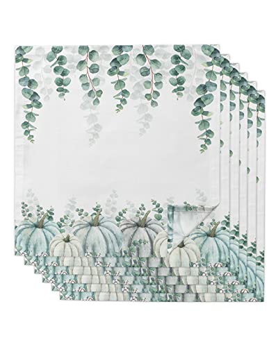 Dadabutydecor Dinner Napkins, Thanksgiving Pumpkin Eucalyptus Leaves Fall Autumn Watercolor Blue Cloth Napkins Washable Absorbent Polyester For Parties, Holiday Dinner, 6Pcs-20X20 Inch(50X50Cm) #TOP2