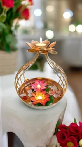 Image of Diya Shape Flower Decorative Urli Bowl /Handcrafted Bowl for Floating Flowers and Tea Light Holder Candles Home,Office and Table Decor| Diwali Decoration Items for Home T-Light Gold