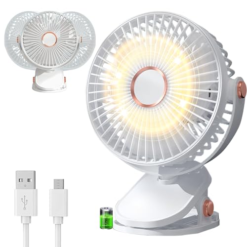 AHYDFSR Ventilador de Mesa USB Recargable, Mini Ventilador USB Mesa Portátil, 5 Velocidades, 360° Ajustable, Luz LED, para Oficina/Hogar/Viajar/Acampar/Cocina, Blanco