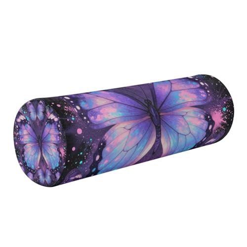 KLL Dreamy - Funda de almohada cervical con diseño de mariposa morada para el cuello, almohada redonda para silla, viaje, soporte cilíndrico para piernas