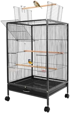 Jaula grande para pájaros, volatería interior para loros, volatería de metal con ruedas de transporte, apertura hacia arriba, jaula para pájaros, 46x46x94 cm, jaula para periquitos con 3 perchas