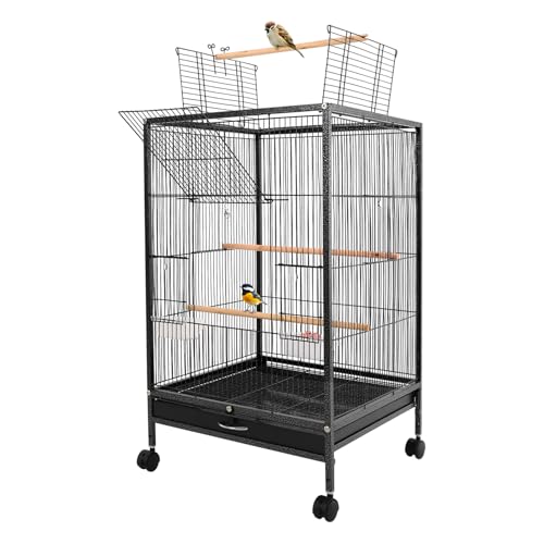 Vogelkäfig mit 3* Holzscheiten & Rollen leicht zu transportieren, 46 * 46 * 94cm Wellensittich Käfig für Nymphensittiche, Papageien (Schwarz)