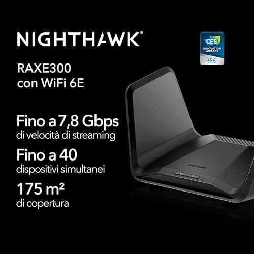 Router NETGEAR Nighthawk Tri-band WiFi 6E (RAXE300) funzioni di sicurezza, velocità Gigabit AXE7800 Wireless (fino a 7,8 Gbps), nuova banda da 6 GHz, 8 flussi coprono fino a 185 m2, 40 dispositivi - Immagine 1