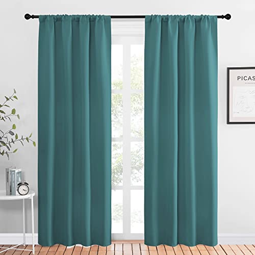 NICETOWN Blackout Curtain for Kitchen Window - Function Thermal Insulated Blackout Panels for Bedroom - 1 Pair, Sea Teal - Rod Pocket Style - 42 by 84