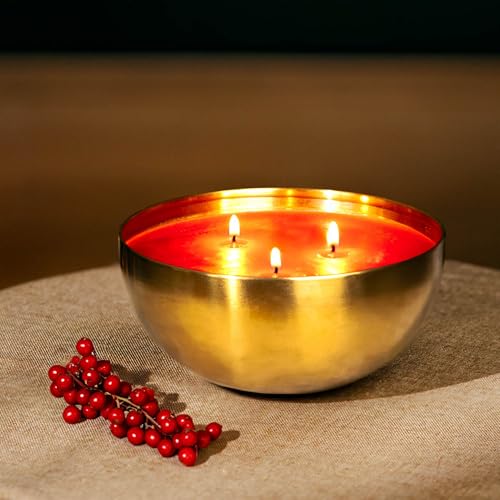 Marco Paul Large 3 Wick Scented Candles Gold Bowl Spiced Berry Scent Festive Fragrance Gift Xmas Decoration Table Centrepiece Scent Candles Long Burning Luxury