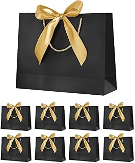 Paper Gift Bags with Golden Bow Ribbon,Portable Party Bags with Handles,Present Bags for Birthday,Weddings,Festival Celebration,Baby Showers,Boutiques,12.6x9.8x3.9inches,(Black,8 Pack)