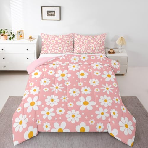 Image of Daisy Flower Groovy Comforter Set Toddler Size Kids Boys Girls Bedding | Retro Boho Breathable Soft Lightweight Duvet Set Quilt Set Bedroom Decor Microfiber 2Pcs Light Pink Warm Cozy All Season
