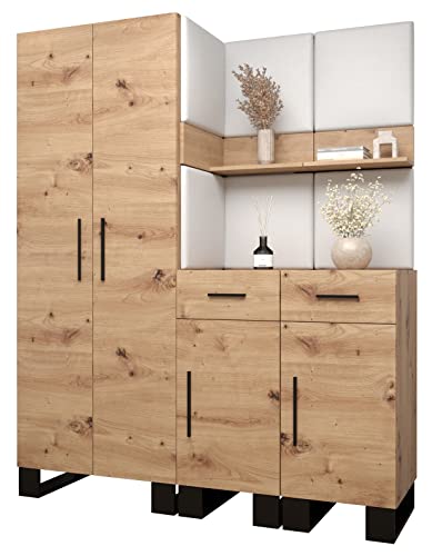 MEBLE KRYSPOL Garderobe Artin Set 7 mit gepolsterten Paneelen Industriell Design (Artisan Eiche + weißes Öko-Leder)