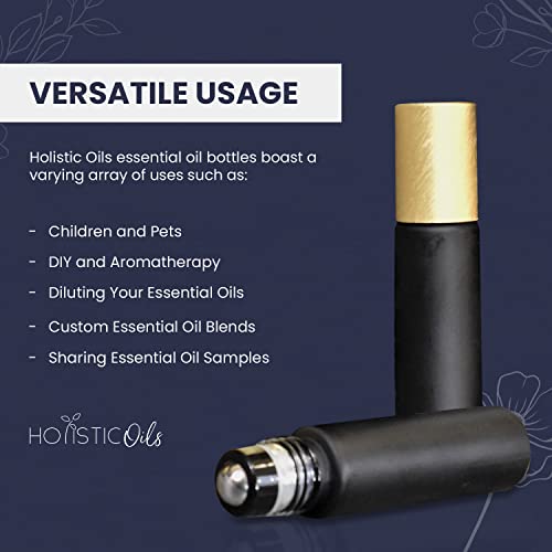 Essential Oil Roller Bottles, Black 10ml Leakproof Rollers – Thick Black Glass with Brush Gold Lid, Updated Stainless Steel Roller Ball Insert for Oils, Aromatherapy – 12 Pack