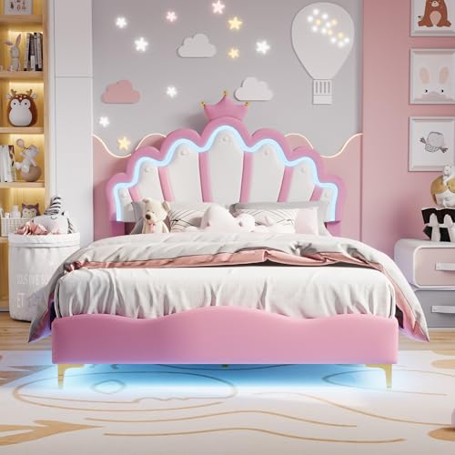 BursDany Lit Enfant Rembourré 140x200 cm avec LED pour Fille Adolescent- Tête de Lit Réglable en Hauteur, Sommier à Lattes, Design Couronne de Princesse en...