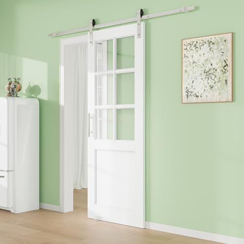 Image of 32 inch x 80 inch Presembled 2-Lite Molded Panel Barn Door with 72 inch Track Kit, Solid MDF Sliding Barn Door for Closet Kitchen Bedroom Pantry, Excellent Sound & Thermal Insulation, Nickel-Plated Hardware Kit