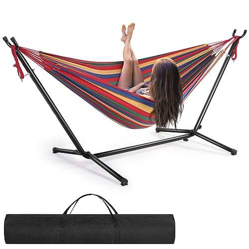 Listado de Hamacas para comprar hoy. 48 YOMYM Hamaca Doble Soporte con Base de Acero Reforzado, Altura Regulable en 6 Posiciones, 106' L x 42' W x 39' H, Soporta hasta 200Kg, para Interior y Exterior, Fácil Armado,...