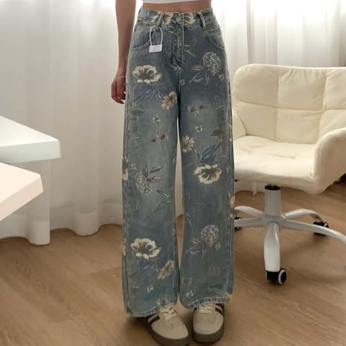 American Retro hot Girl Washed and Distressed Floral Denim Pants, Y2K Wide Leg Loose Jeans2
