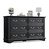WLIVE Farmhouse Dresser for Bedroom, 51.97'' Wide Wood 6 Drawer Dresser, Chest of Drawers with Roman Metal Handle, TV Stand for 60 inch TV, for Living Room, Hallway, Black