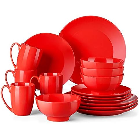 LOVECASA, Series Sweet, Porcelain Round Dinner Set Red 16 Piece Kitchen Dinnerware Service Plate Ceramic Crockery Set with 4-Piece Dinner Plates, Dessert Plate,Bowls and Mugs, Service for 4 Cover