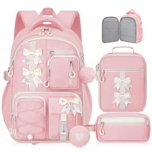 LEWKANA Girls Backpack with Lunch Box Set 4 PCS Cute Kawaii School Bookbag for Elementary Girls Pink Aesthetic Large Laptop Backpack for Kids & Teens