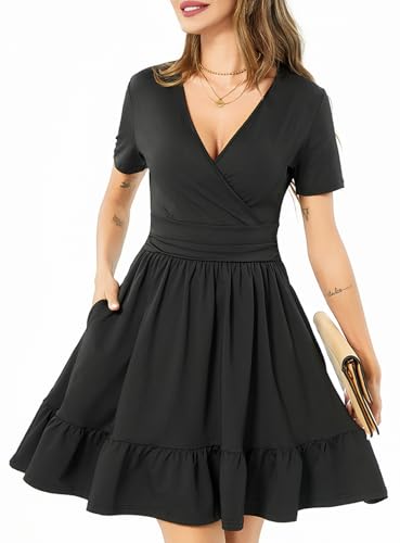 Image of Women's Fashion Summer Causal Short Sleeve Dress V Neck Beach Party Dresses with Pockets