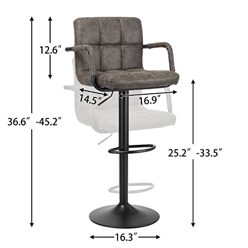 Finnhomy Bar Stools Set Of 2 Counter Height, Swivel Barstools With Armrest And L Shape Thicken Cushion Back, Height Adjustable Modern Bar Stools For Kitchen, Vintage Leather, Retro Grey #TOP2