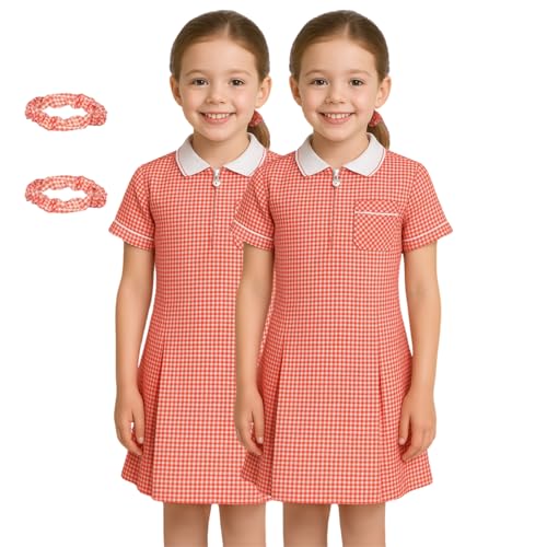 Image of SchoolStitch® Girls Gingham School Dress, Pack of 2 Kids Short Sleeve Zip Up Pleated Check Print Summer Dress with Side Pockets and Hair Bobble, School Uniform Girls Ages 3-20 Red