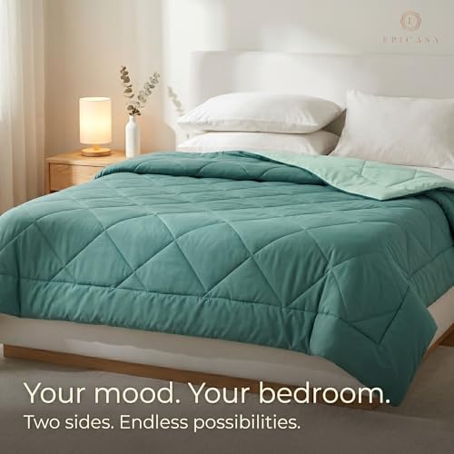 Image of Epicasa Reversible Comforter | 200 GSM Thermal Bonded Fill | 110 GSM Micro Peach Fabric | All Season AC Quilt | Diamond Quilted | Lightweight Duvet Blanket for Home Bedroom | Green & Mint