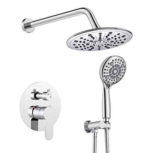 SunCleanse Sistema de grifo de ducha de lluvia, combo de cabezal de ducha de 8.5 pulgadas con juego completo de ducha de mano de 7 ajustes, accesorio de ducha de lluvia con válvula y kit de molduras