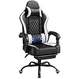 Yaheetech Silla Gaming con Respaldo Alto Almohada Lumbar de Masaje Silla de Escritorio Ergonómica Ajustable en Altura con Reposacabezas Extraíble Reposapiés Función de Inclinación Negro/Blanco