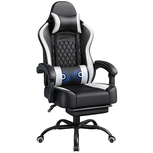 Yaheetech Silla Gaming con Respaldo Alto Almohada Lumbar de Masaje Silla de Escritorio Ergonómica Ajustable en Altura con Reposacabezas Extraíble Reposapiés Función de Inclinación Negro/Blanco